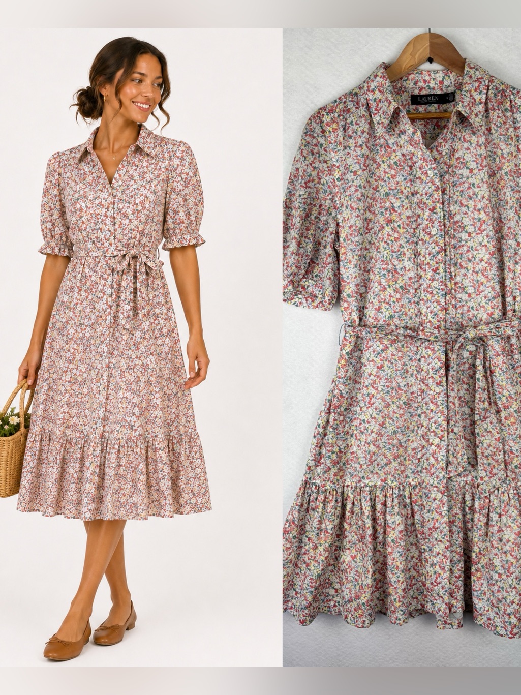 Lauren Ralph Lauren Shirt Dress Sz 8 Floral Midi Belted Cottagecore Cotton